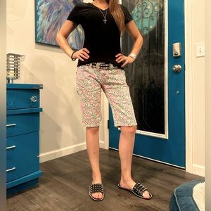 Miss Me Leopard Print & Floral Pink Crystals Bermuda Denim Shorts 28